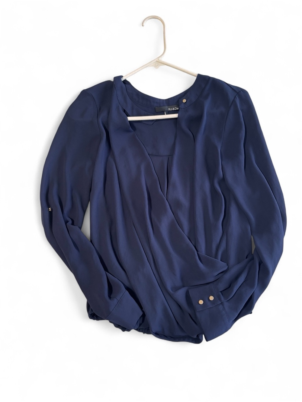 Rae Dunn Navy Wrap-Style Blouse with Long Sleeves